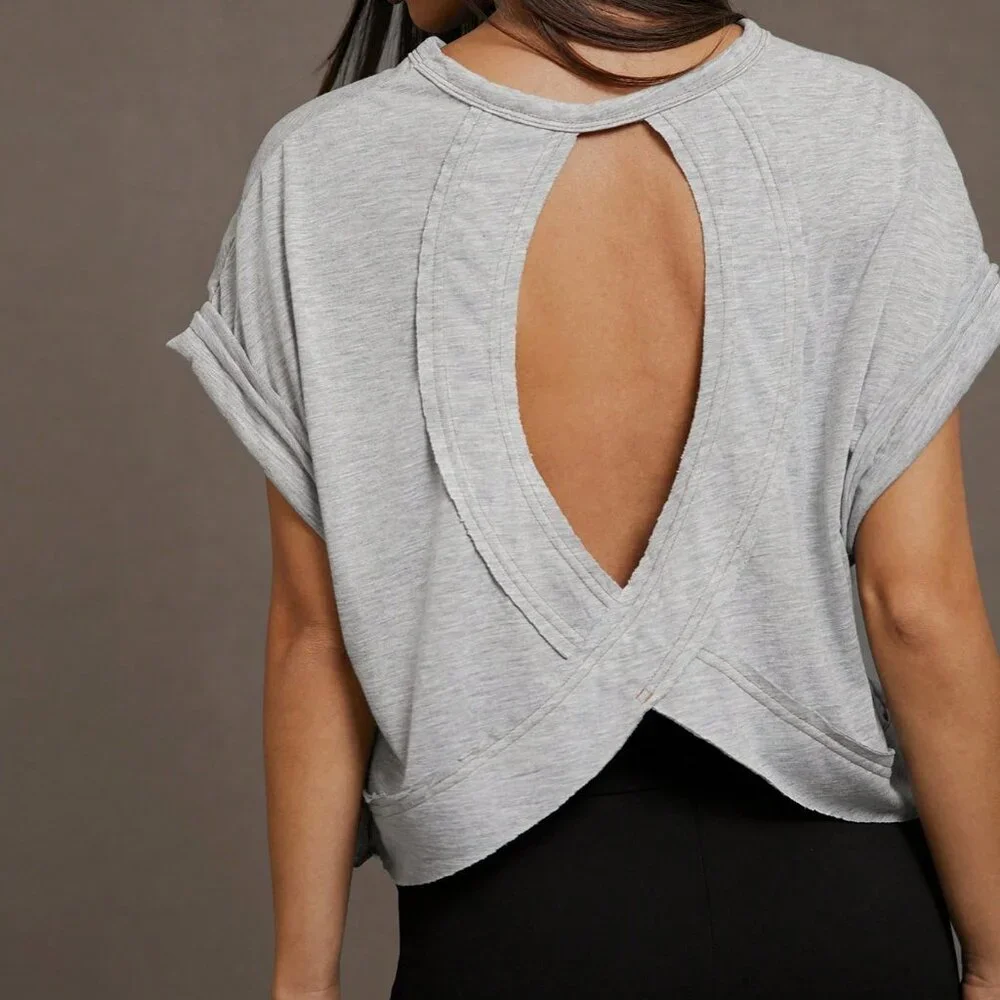 Grey Casual Women's Round Neck Hollow Out Short Front Long Back T-Shirt - Picture 2 of 7